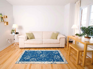 Tappeto Arredo Moderno Antiscivolo in Ciniglia Made in italy Cotone Ninfea Blu